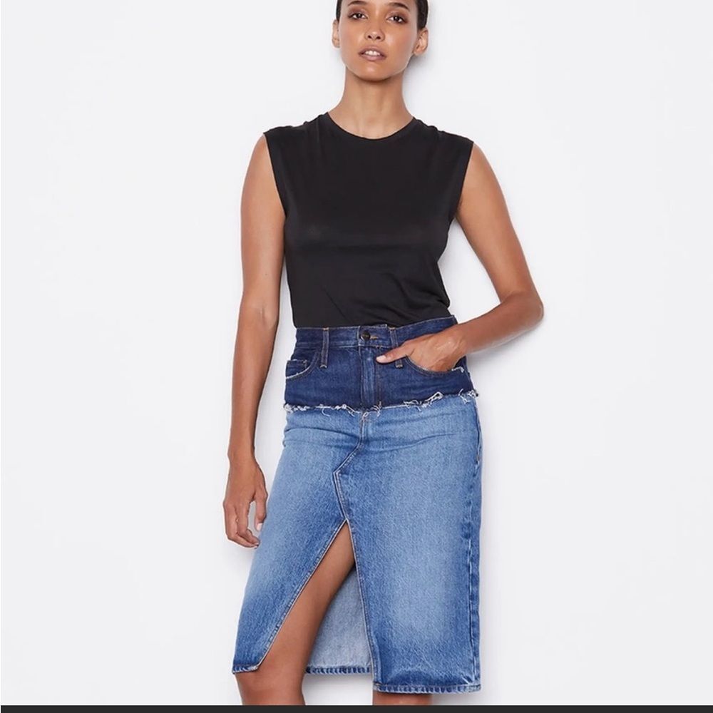 FRAME Reconstructed Midi Denim Jean Skirt Indigo Ombre Size 25 Boho Western NEW